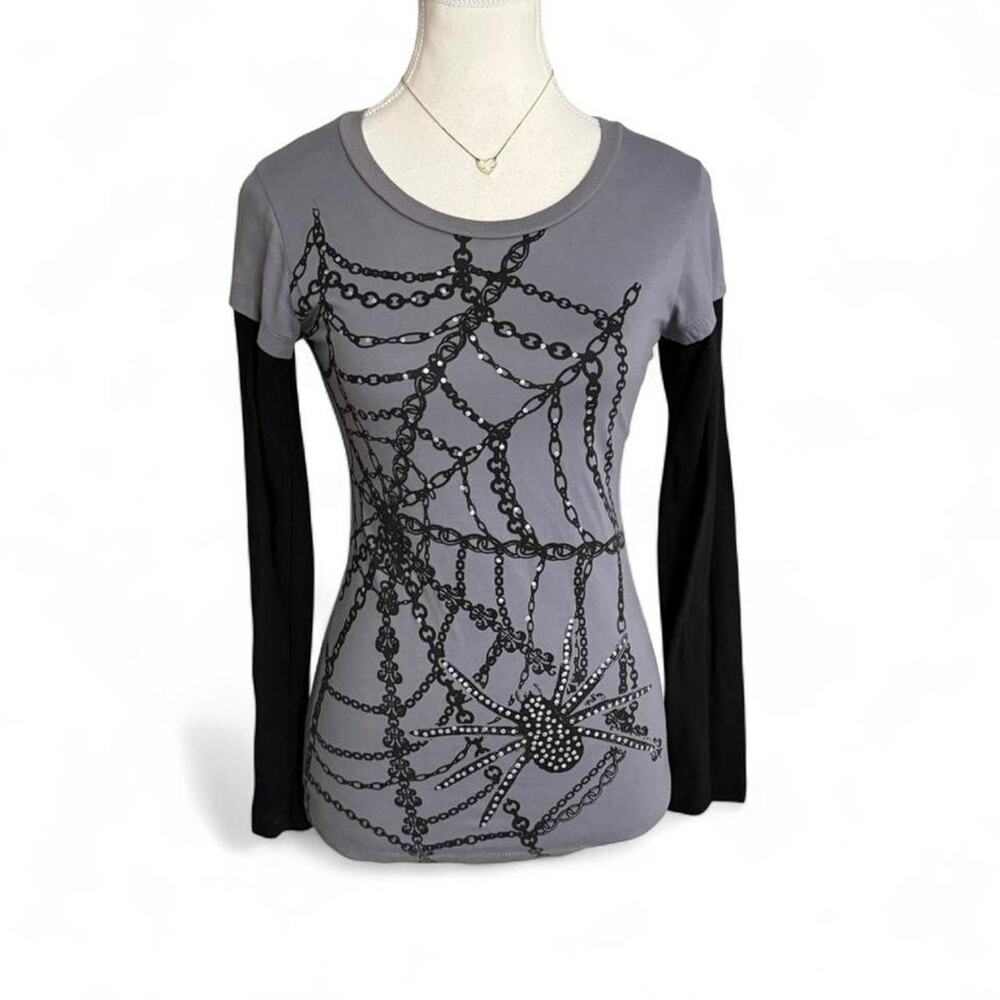 Mcbling Spider Web Gothic Grunge Alt Y2K Long Sleeve top size M 100% cotton